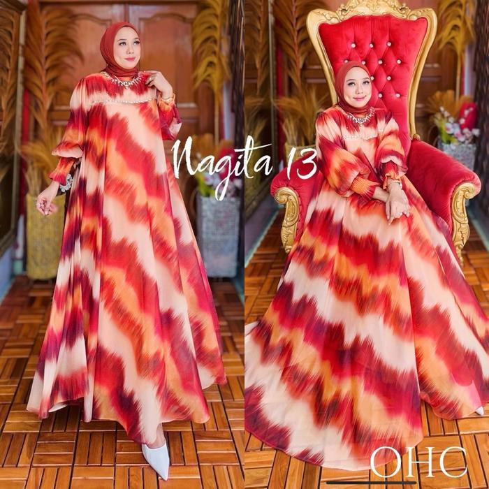 Promo Nagita Dress Premium Organza Print By Ohc Gamis Muslim Wanita Payet Cantik Ready