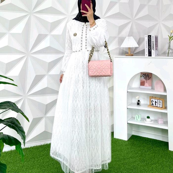 Terbaru!!! Gamis Ozias Brokat Jiwon Busui Tangan Balon Dress Panjang Ready