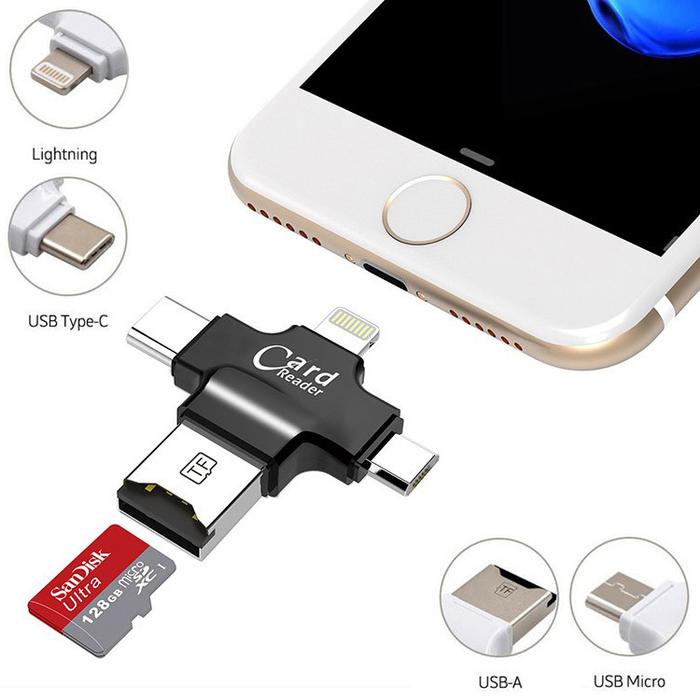 STORE ABADI - Card Reader 4 in 1 Lightning/USB-A/USB-C/Micro USB - OTG Card Reader - USB Card Reader