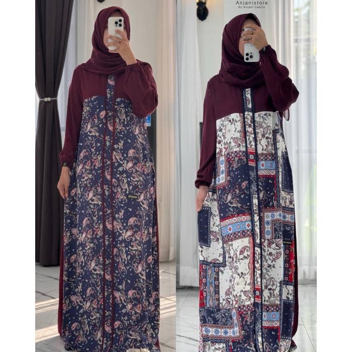 Gamis Dress MAROON bahan Twill uniqlo mixDobby Orinal by Anjani
