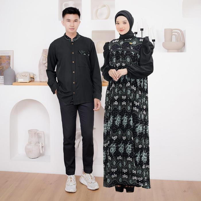 Cahya Delia Set Couple Plisket Gamis Koko Motif Include Hijab Pashmina Matt Torino By Demore