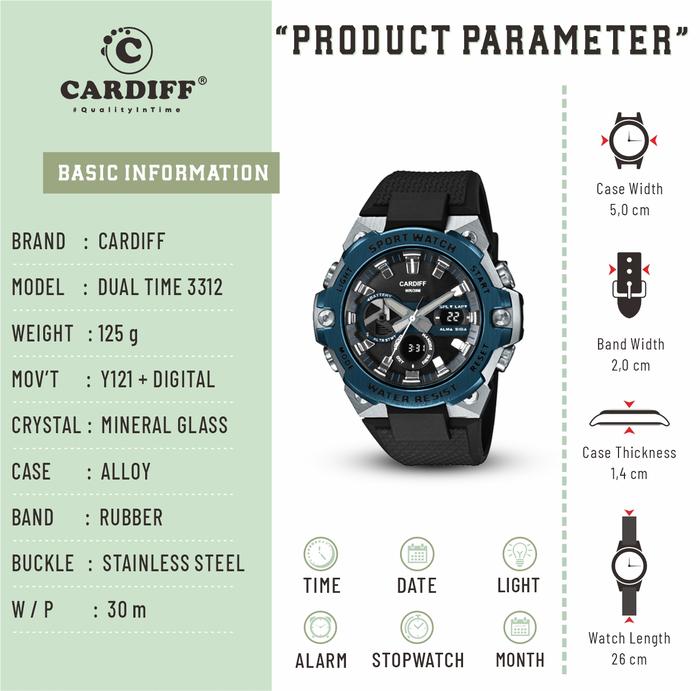 CARDIFF DT 3312 Jam Tangan Pria Dual Time Water Resist