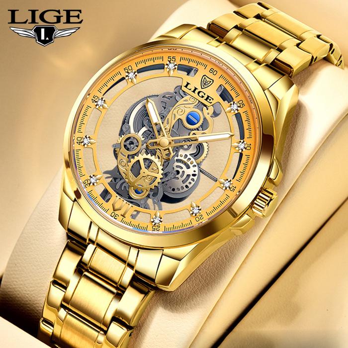 2023 LIGE Men Watch Skeleton Automatic Quartz Watch Gold Skeleton