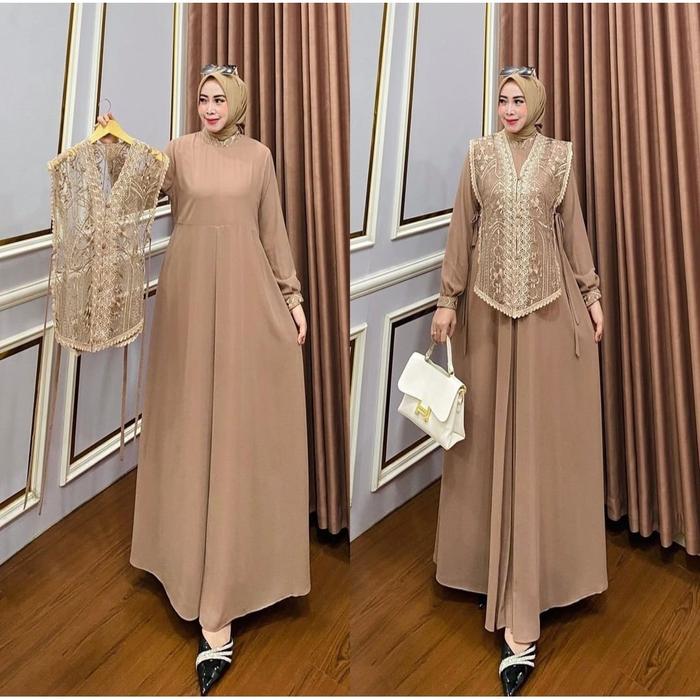 Lora Dress Baju Gamis Maxy Ceruty Babydoll Mix Brukat Fashion Wanita Muslim All Size Kekinian
