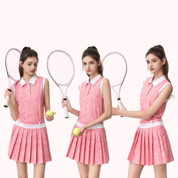 Shirt & Rok Skirt Golf Ladies Set Sleeveless Pink Flowers NETLS-651