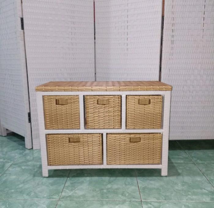 Lemari laci susun 5 minimalis Rotan plastik Rak TV DvD minimalis