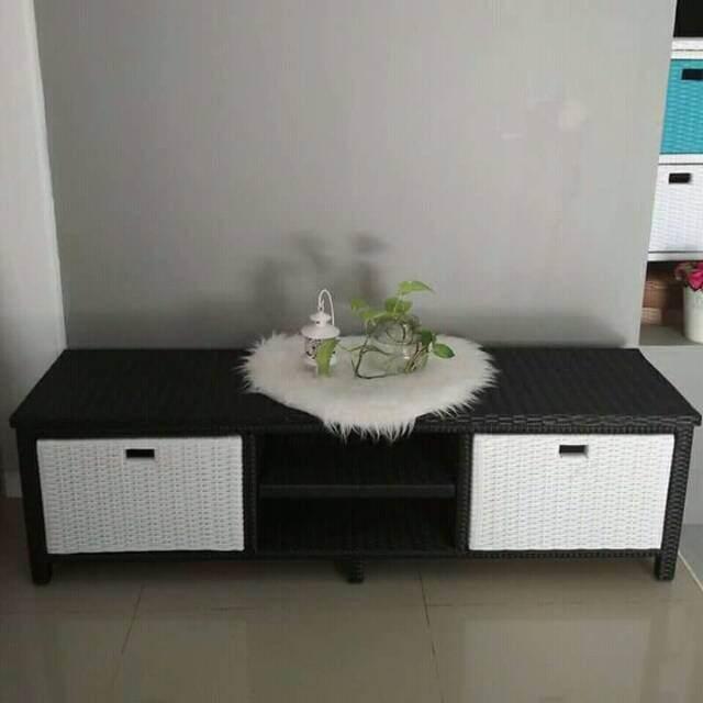 Lemari meja Tv dan Dvd laci 2 susun Rotan Plastik tempat penyimpanan serbaguna
