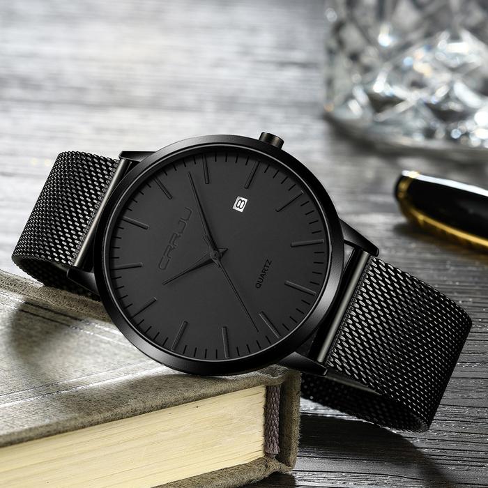 New! Terlaris! Terbaru! CRRJU Fashion Mens Watches Ultra Thin Quartz Watch Men Casual Slim Mesh Stee