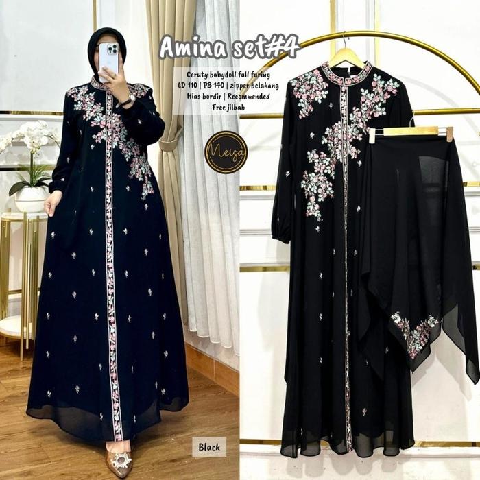 TERBARU AMINA SET JILBAB (LABEL SAVNA) | GAMIS SET JILBAB CERUTY BORDIR TERBARU BEST SELLER