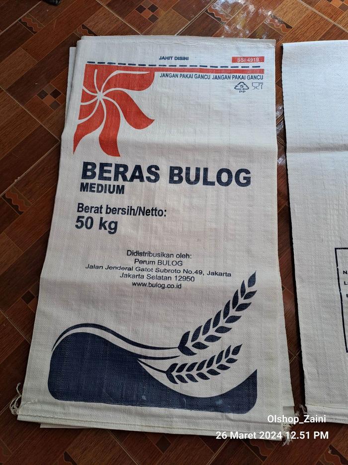 10 Karung plastik BARU, BERAS BULOG 50 kg, ORI tebal 56x90 cm A