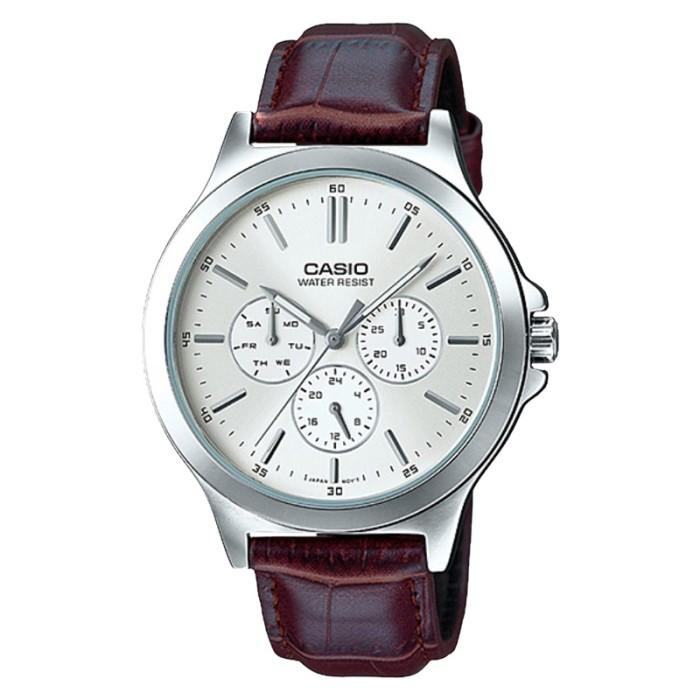 Casio Mtp-V300L-7Audf Men Analog Silver Dial Brown Leather Strap Terbaru