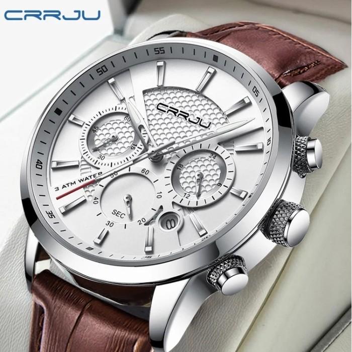 Jan Tangan Pria Crrju Chronograph Kalender Tahan Air Jam Kulit Kuarsa 2212 Terbaru