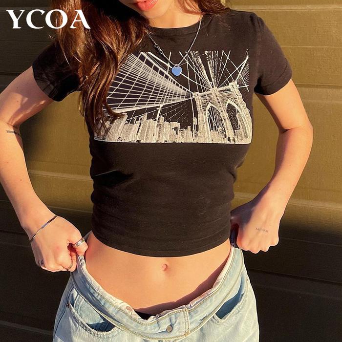 Women Crop Tops Tees Gothic Tshirt Summer Aesthetics Y2k Sexy Gru