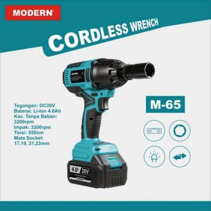 IMPACT WRENCH CORDLESS MODERN M65 PEMBUKA BAUT BATERAI PORTABLE 20V 4AH