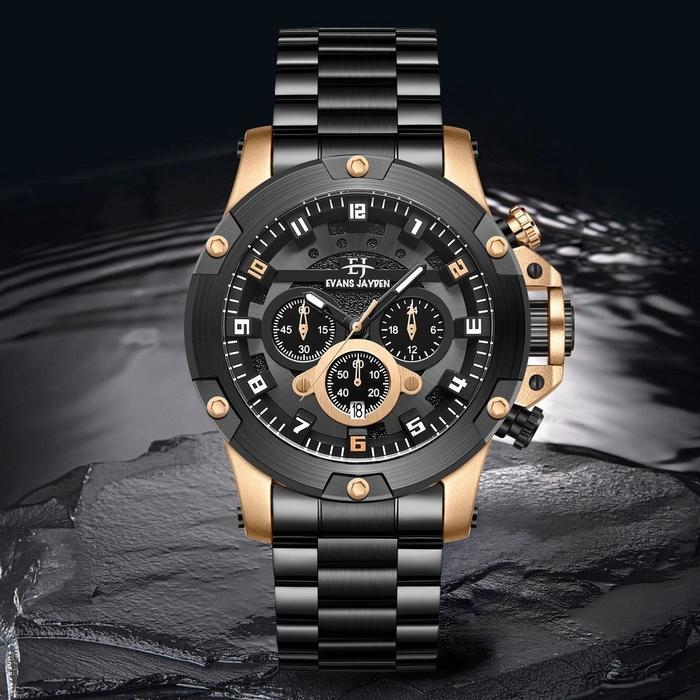 Original 100% Evans Jayden 9838 Jam Tangan Pria  Rantai Stainless Steel Kaca Sapphire Chronograph Wa