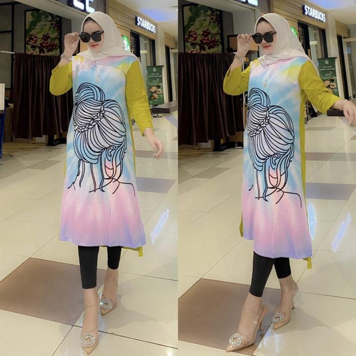 Long tunik kaos printing / Midi dress kaos printing. Material cotton combed 20 s mix cotton scuba pr