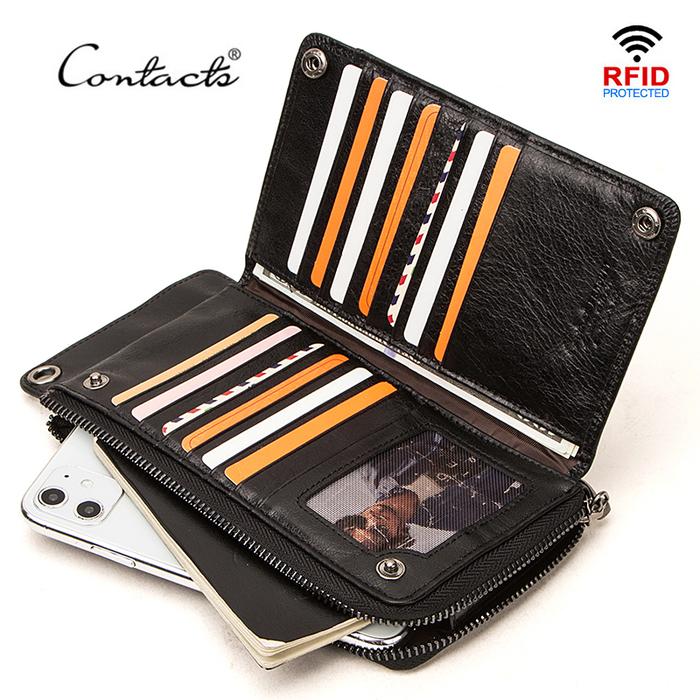 CONTACT'S Genuine Leather Men Wallets Casual Long Purse Male with Phone Pouch Multi-function Card Ho