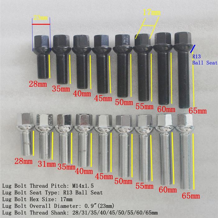 4PCS M14x1.5 Ball Seat R13 Wheel Lug Bolts 28 31 35 40 45 50 55 60 65mm Shank For Benz A B C E S G G