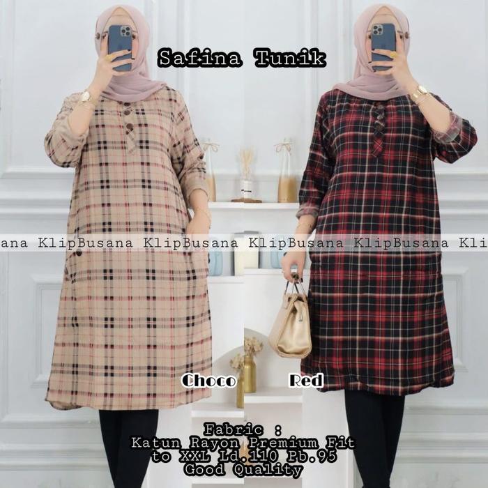Atasan Tunik Wanita Jumbo Kekinian Safina KlipBusana - Midi Dress Hijab Perempuan Motif Kotak - Tuni