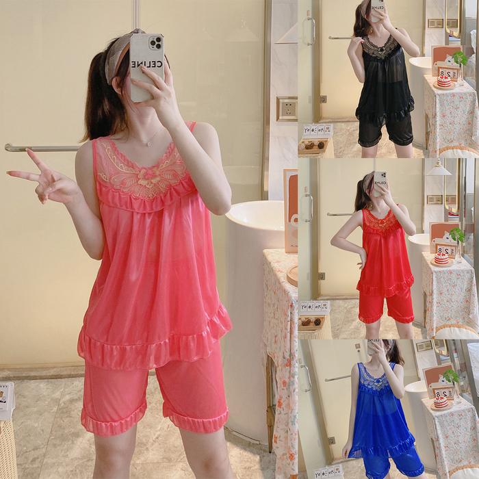 Setelan Trikot Wanita Lingerie Jumbo Satin Brukat / Hotpants Baju Tidur Wanita Sexy Bahan Satin Impo