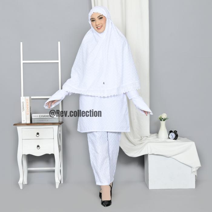 OKmusllim- Baju Umroh Putih Full Bordir Atasan dan Bawahan Lengkap Dengan Bergo Sarung Tangan Perlen