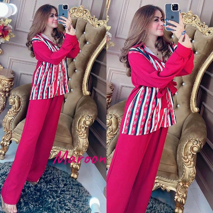 OKmusllim- oneset printing salur by RGB setelan Wanita Celana Panjang