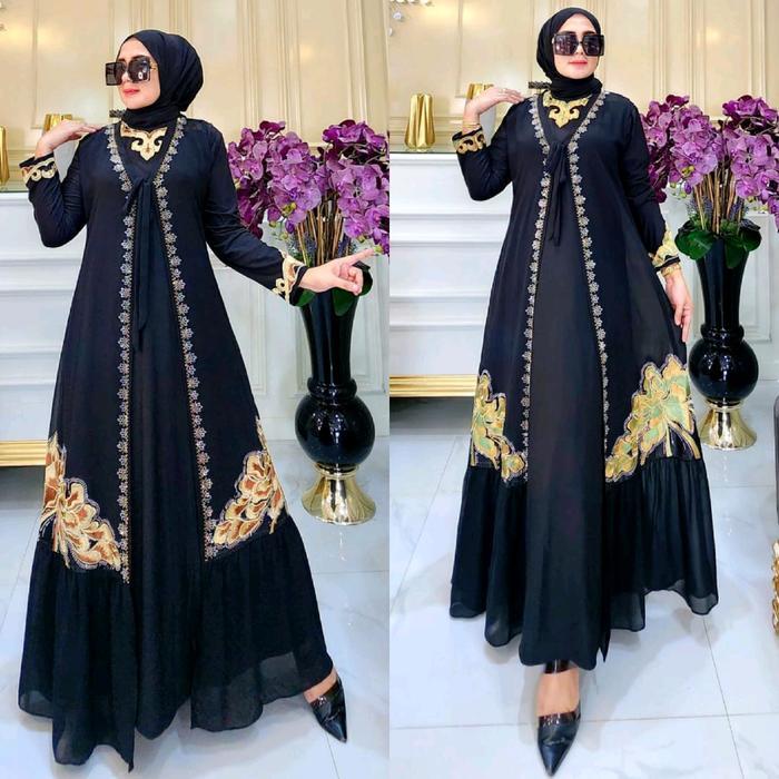 OKmusllim- GAMIS ABAYA TURKEY ROMPI OUTER PISAH BORDIRAN BUNGA BOUGENVILLE 2 WARNA BORDIR Lembut lon