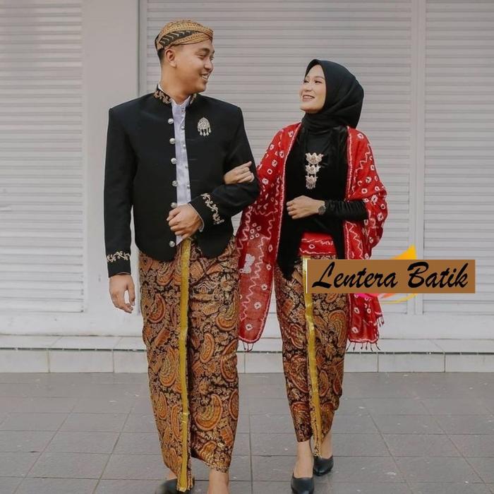 new setelan pakaian kebaya wanita set beskab pria baju prewedding premium / baju couple adat jawa - 