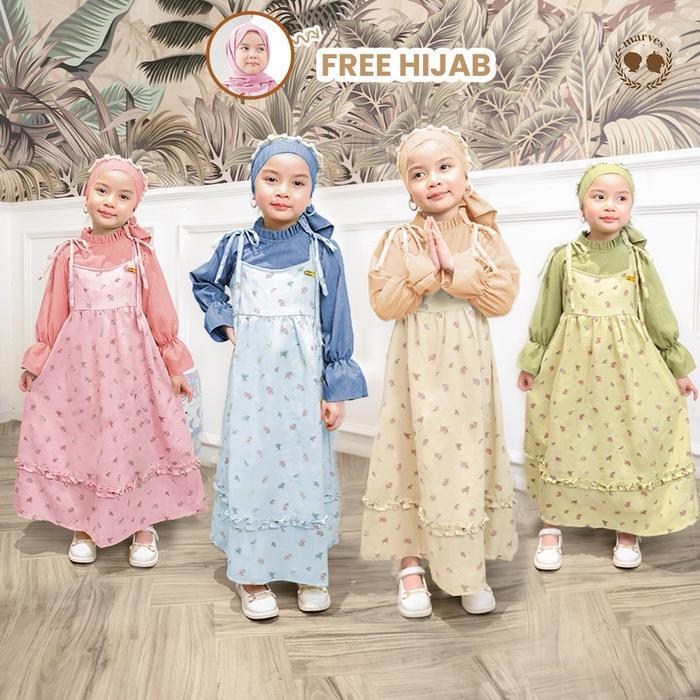 MARVES - Emma Baju Gamis Anak 2025 Model Baru Set Hijab Perempuan Muslim Katun Crinkle Usia 2-14 Tah