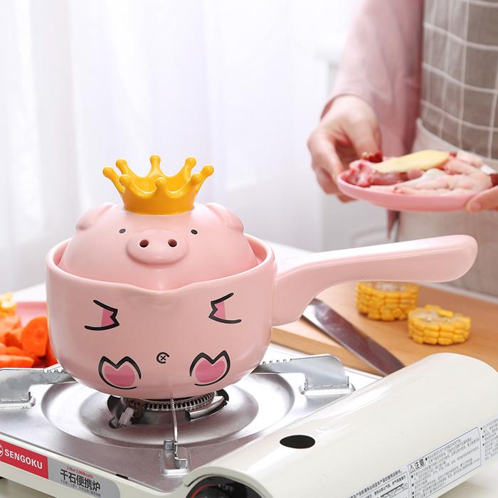 Pink Pig High Temperature Resistance Casserole Handle Ceramic Cookware with Crown Pot Cover Kitchen 