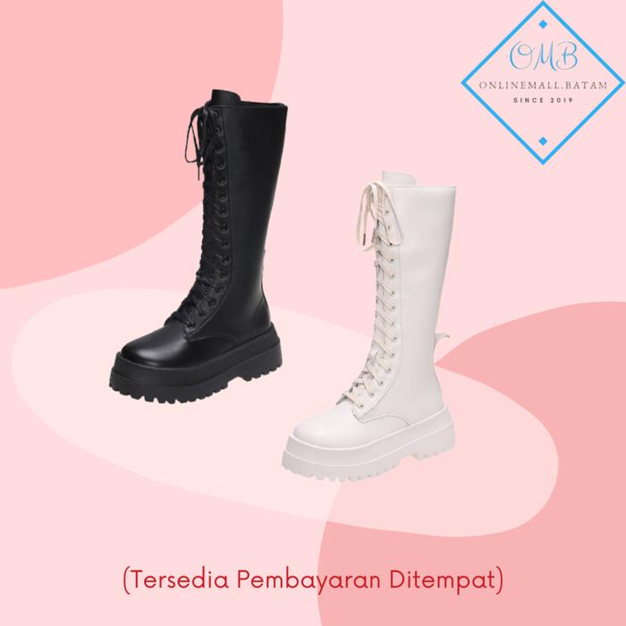Sepatu Boots Martin Wanita Fashion Kekinian Hak Sedang Panjang Setinggi Lutut Model Flat Onlinemall 