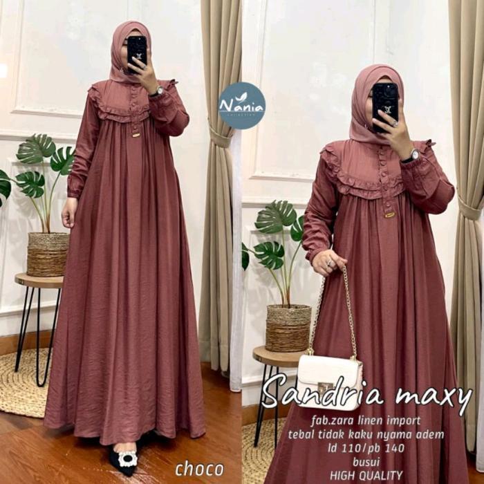 SyariStyle- Sandria Maxy Katun Polo Linen Gamis Ruffle Polos Hitam