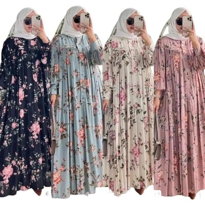 SyariStyle- Zaskia Dress Gamis Rayon Diamond Kain Premium Motif Bunga Aloora Dress Sakura Dress Gami