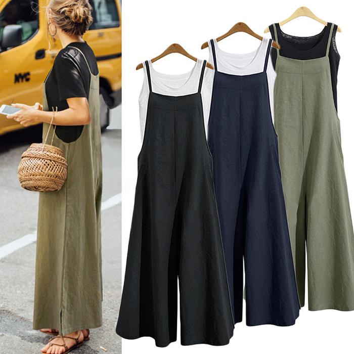 Women Straps Jumpsuit Summer Solid Color Wide Leg Pants Dungaree Bib Overalls Casual Loose Sleeveles