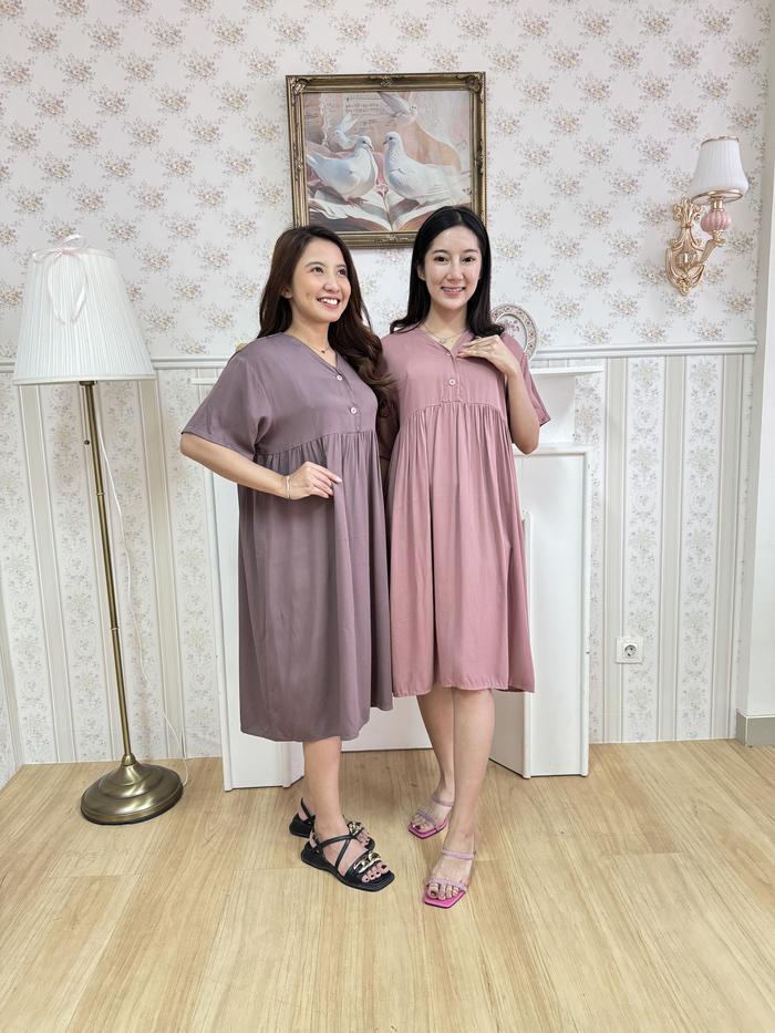 Beautica- Lily Daily Luna Dress Daster Pendek Rayon Polos Twill Busui Friendly Wanita Kancing