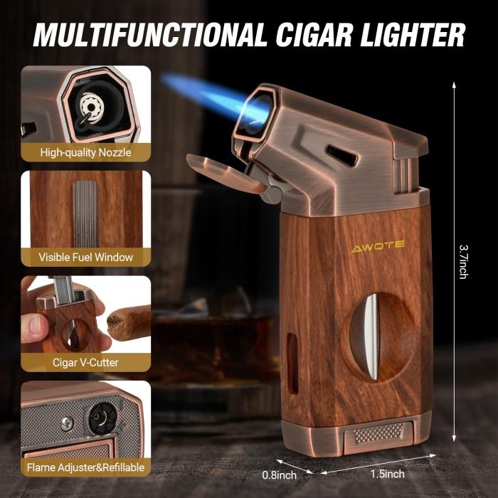 AWOTE TRAVEL CIGAR HUMIDOR WITH LIGHTER,CEDAR WOOD,V CUT CIGAR CUTTER,PORTABLE CIGAR HUMIDOR WITH HU