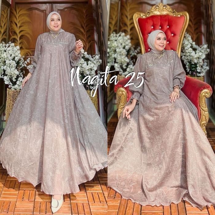 SyariStyle- NAGITA DRESS PREMIUM ORGANZA PRINT by OHC Gamis Muslim Wanita Payet Cantik