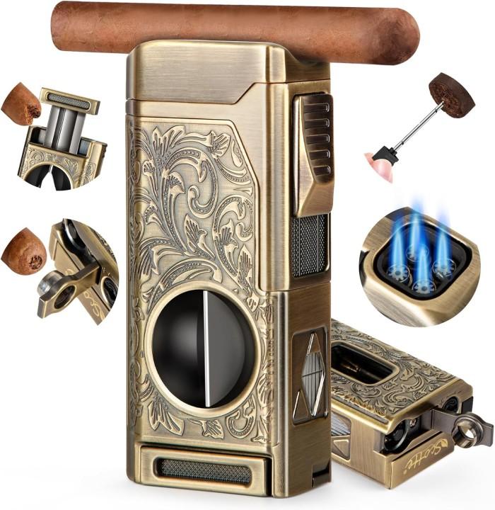 CIGAR LIGHTER 4 JET FLAME,REFILLABLE BUTANE LIGHTER WITH CIGAR CUTTER V CUT CIGAR PUNCH CIGAR HOLDER