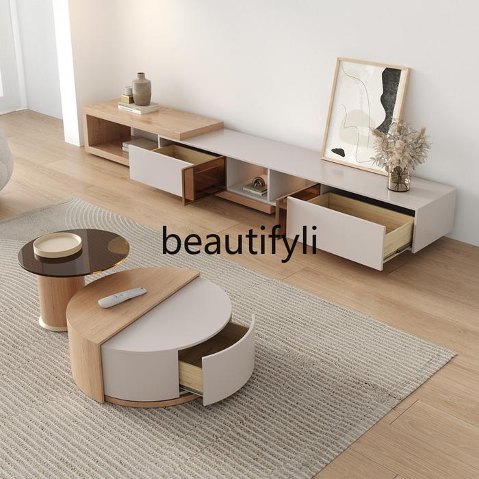 Log color solid wood coffee table TV cabinet living room household size round coffee table TV cabine