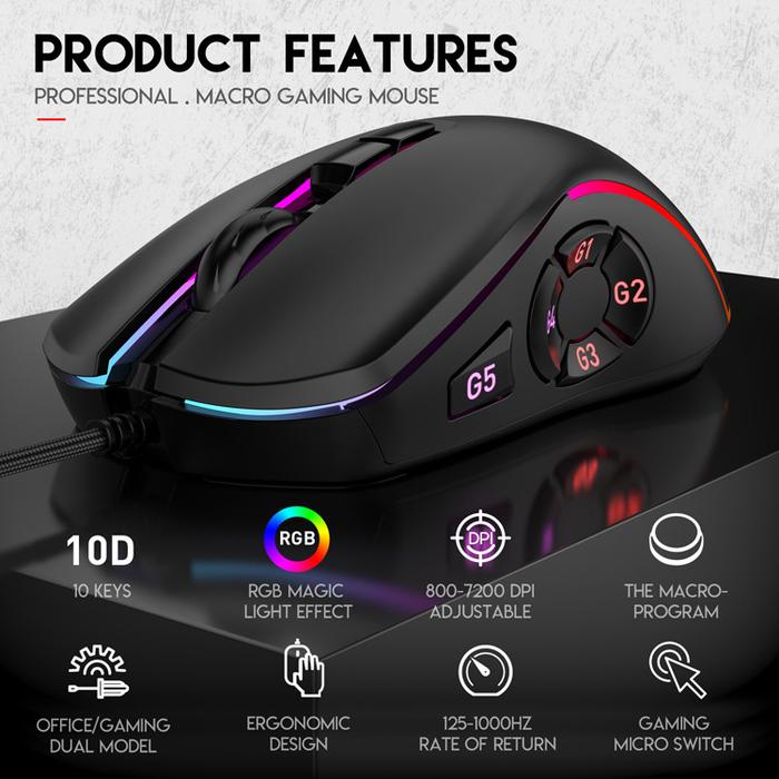 New gaming mouse with 10 key macro definition programming, home office gaming wired mouse, illuminat