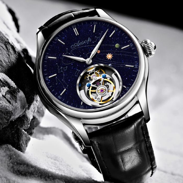 Jam Tangan Pria Super AESOP Flying Tourbillon Watch for Men Milky Way Star Sapphire Dial Luxury Stee