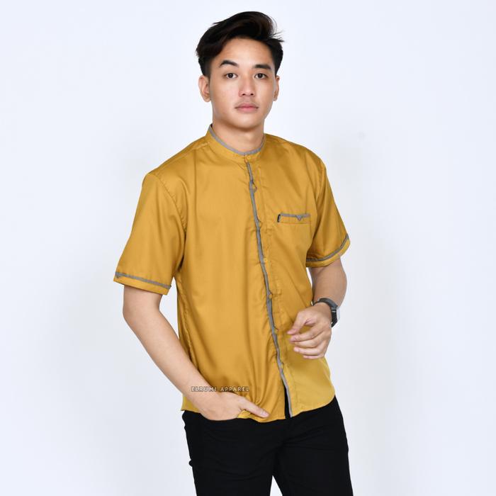 Baju Koko Pria Lengan Pendek Motif Sakha Warna Kunyit - Putih Sakha,M