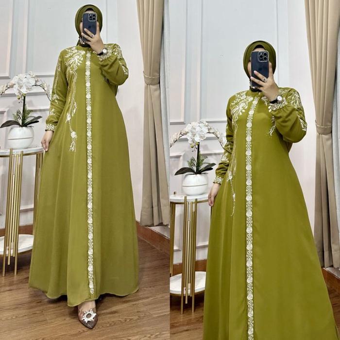 MF COLLECTION OFFICIAL - Bordir Hilwa - Gamis Terbaru Bahan Ceruty Premium - Gamis Set Hijab - Baju 