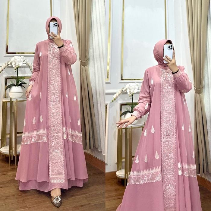 gamis bordir set jilbab segi empat mewah terbaru/gamis ceruty babydoll trendy/dress wanita terlaris
