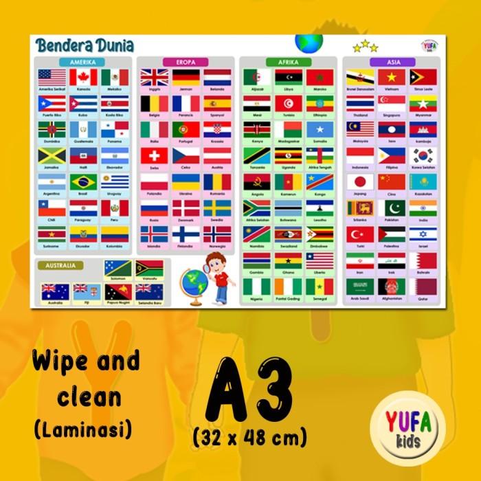 113 poster mengenal bendera dunia - Poster Edukasi Anak - Poster belajar anak - Poster wipe and clea
