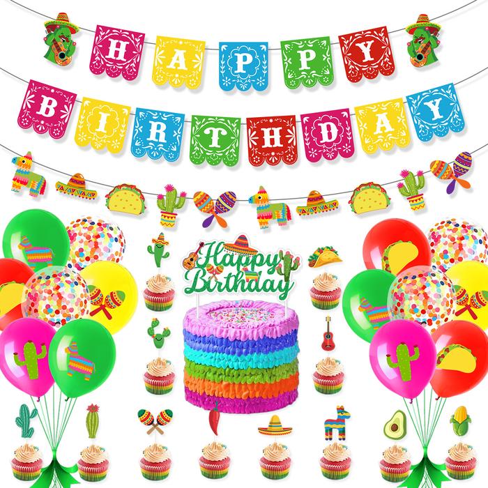 Mexican Fiesta Theme Banner TACO Cactus Pinata Cake Topper Swirls Hanging Balloons for Cinco De Mayo