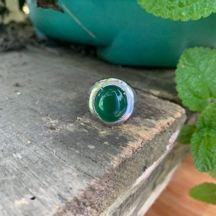 PREMIUM Cincin Batu Akik Natural Ijo Garut Ohen Warna Giok Hijau Cincau Ring Monel Doff Perak Handma