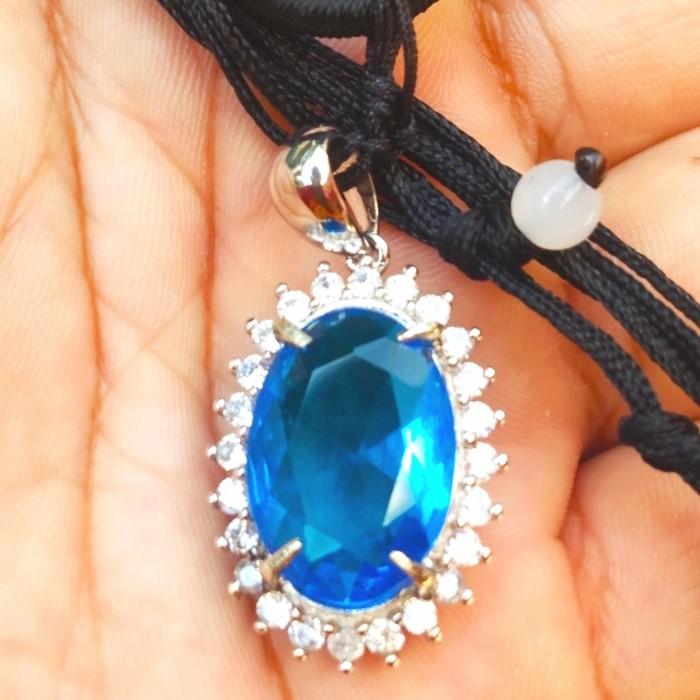 PREMIUM Kalung Liontin Alpaka Batu Akik Permata Blue Topaz Topas Swiss Cutting