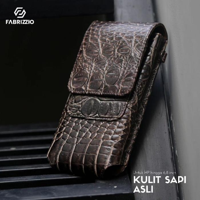 TERLARIS- SARUNG HP PINGGANG SINGLE VERTICAL KULIT ASLI MOTIF BUAYA