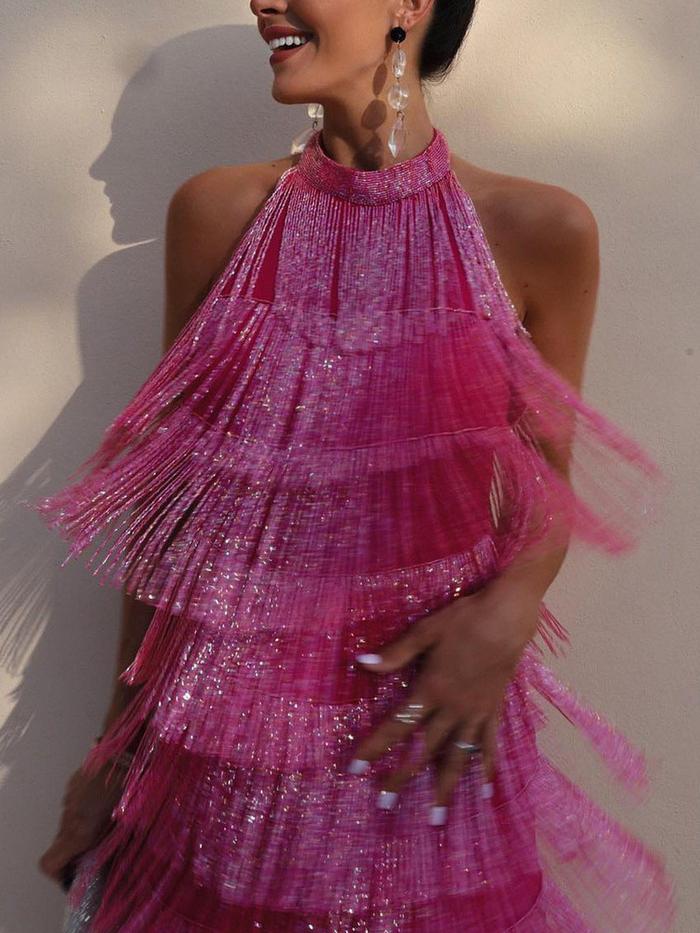 elegant gy24111 fashion tassel hanging neck open back dress new line kpop stage costume stage perfor